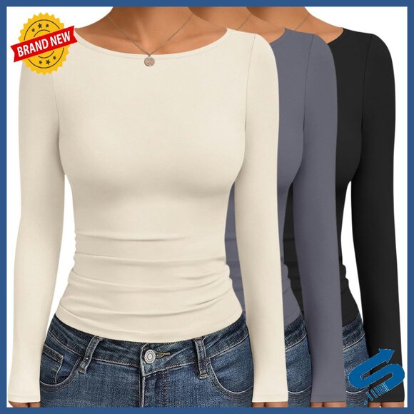 Other - 3-Pack Long Sleeve Thermal Tops, Boat Neck, Ruched Side, Soft Material